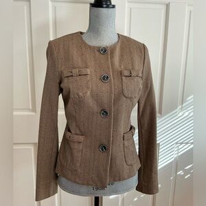 CAbi Brown Herringbone Collarless Blazer